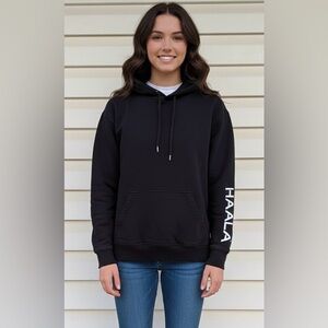 HAALA Denim Black Pullover Unisex Hoodie Graphic Sleeve Size Medium